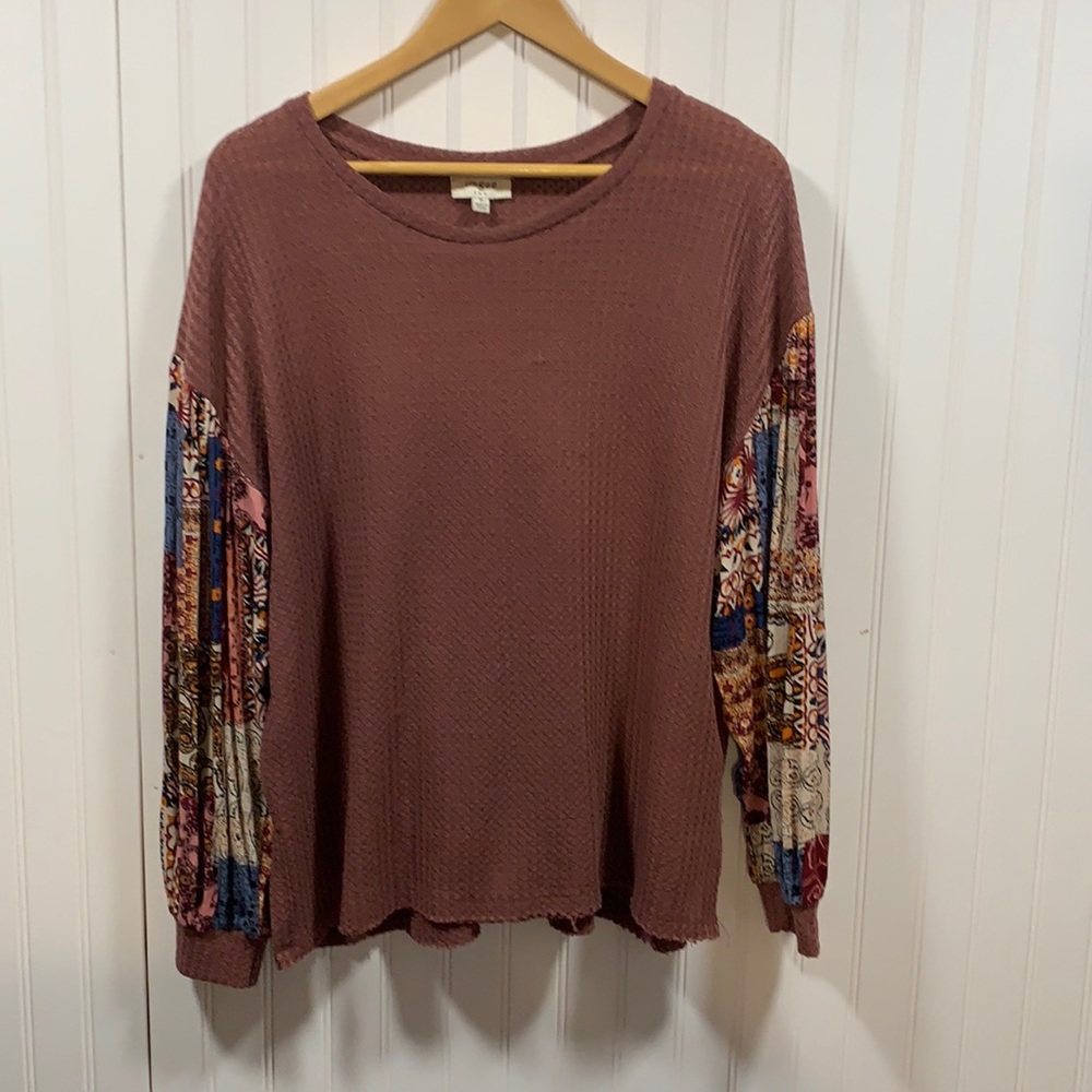 Umgee Women’s Small Waffle Paisley Print Bishop Long Sleeve Top